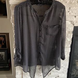 Zac & Rachel black with white polka dot sheer button-down blouse. Large